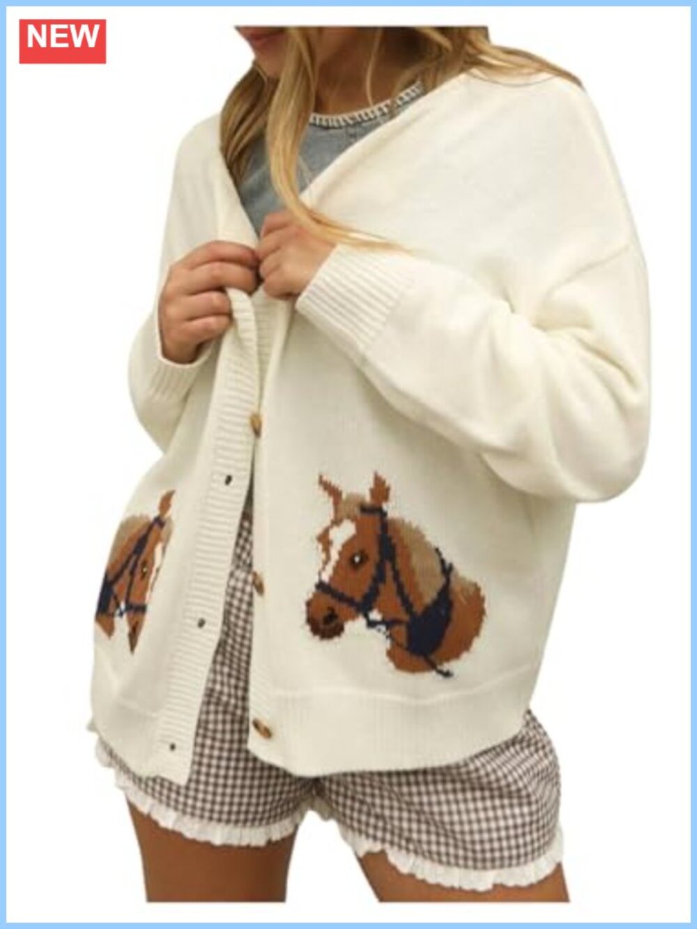Women's Horse Intarsia Knit Button Up Long Sleeve Cardigan Sweater